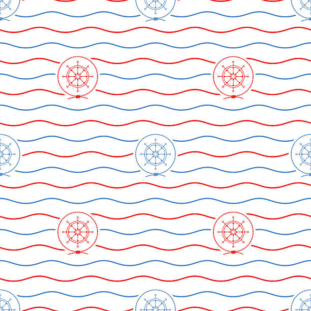 Ship's Wheel , Seamless Pattern Seamless Pattern with Ship's Wheel  Emblem, Blue and Red Ship's Wheel  on a Background of Red and Blue Waves, Seamless Pattern with Marine Element for Web Design or Wallpaper or Fabric, Vector ferry nautical vessel industrial ship sailing ship stock illustrations