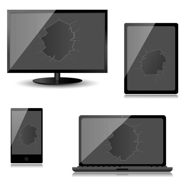 Broken Electronics Broken Electronics, Electronic technology digital equipment set. TV laptop mobile phone and tablet computer with cracks and hollows on the display broken flat screen stock illustrations