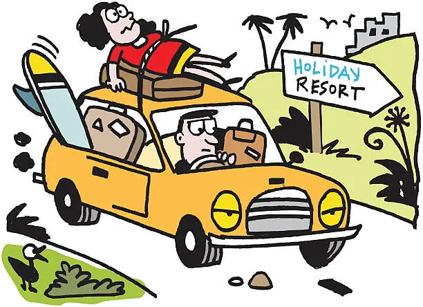 Vector illustration of Vector cartoon of man driving overloaded car on holiday.
