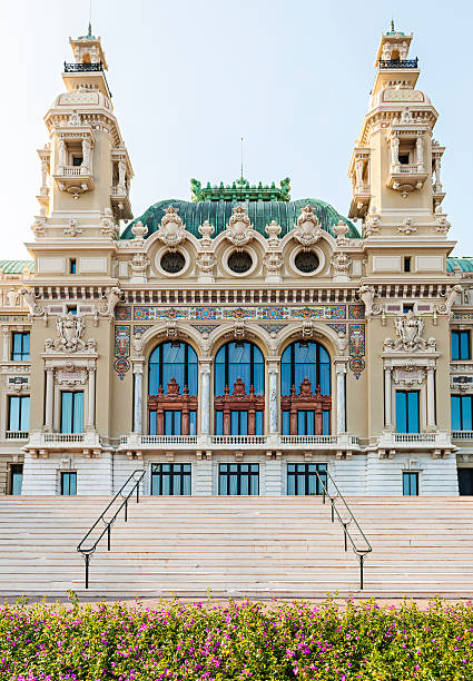 Sea facing facade of Monte Carlo casino building in Monaco viewed from gardens at seaside