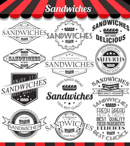 ilustraciones, imágenes clip art, dibujos animados e iconos de stock de vector conjunto de etiquetas retro vintage sándwiches y logotipos - deli sandwich