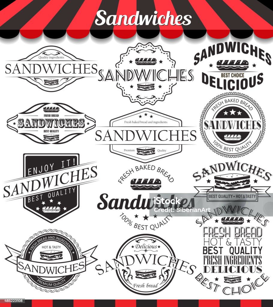 Vector set of sandwiches retro vintage labels and logos Vector illustration set of sandwiches retro vintage labels, badges and logos Delicatessen stock vector