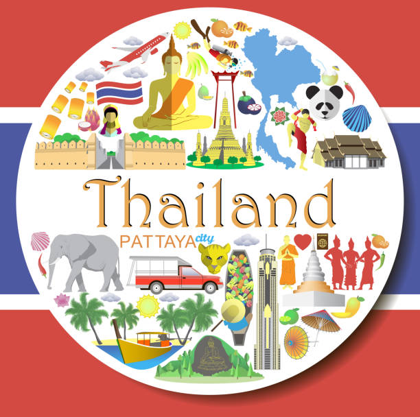 illustrazioni stock, clip art, cartoni animati e icone di tendenza di tailandia round sullo sfondo. thai piatto icone vettoriali e simboli - thailand thai culture travel buddha