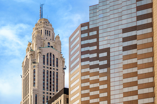 Photo of the landmark Art Deco-style LeVeque Tower and an office building in downtown Columbus Ohio USA