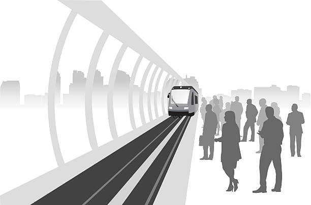 Green Economic Trains A vector silhouette illustration of a group of people waiting to commute to work on the train.  They stand in a crowded train station where there is an approaching train. train stations stock illustrations