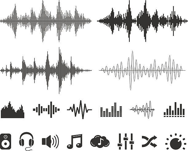 fale dźwiękowe i ikony-wektor zestaw - white background audio stock illustrations