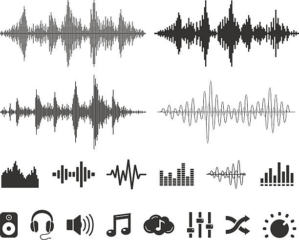Sound Waves and Icons - Vector Set Collection of audio waveforms and icons black and white headphones stock illustrations
