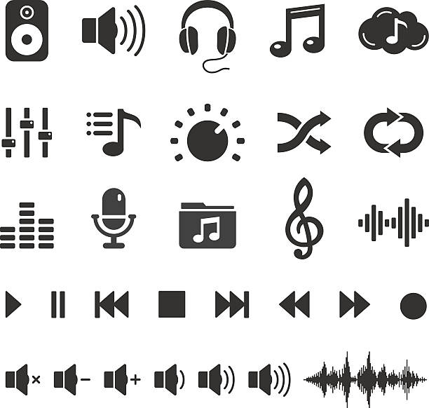 audio musik und sound-icons-knöpfe-vektor-set - dynamisches mikrofon stock-grafiken, -clipart, -cartoons und -symbole