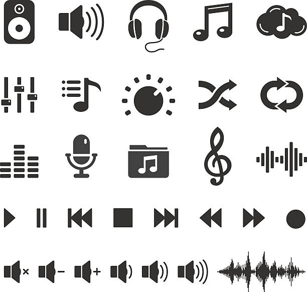 ilustraciones, imágenes clip art, dibujos animados e iconos de stock de iconos de audio y música de botones de vector de jugador - micrófono dinámico