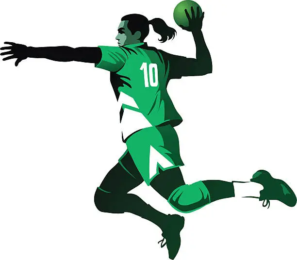 Vector illustration of Female Handball Player Jumping with Ball - Isolated