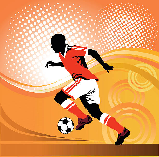 illustrations, cliparts, dessins animés et icônes de footballeur courir avec le ballon sur fond rouge - milieu de terrain