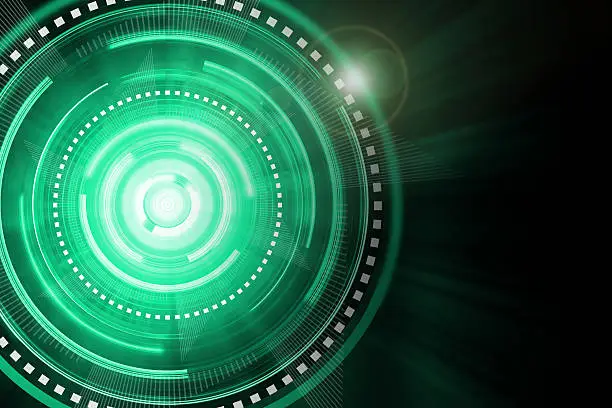Abstract green lighting cog time-machine flare background.