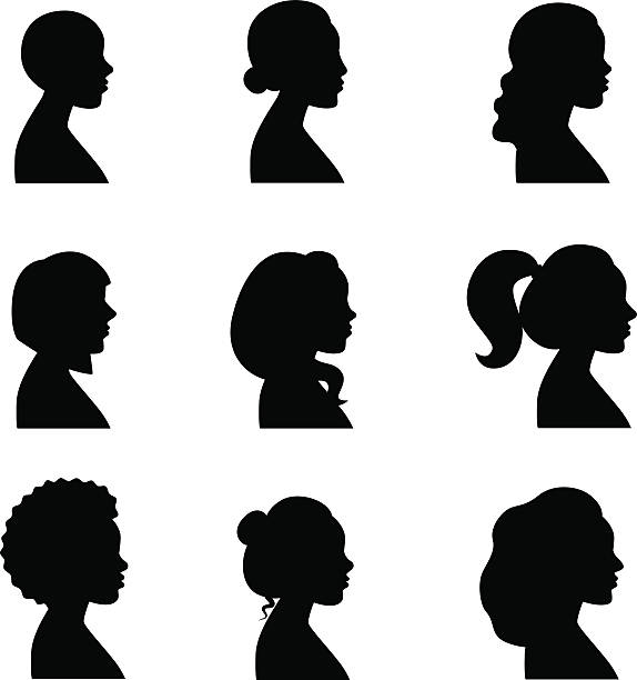 ilustraciones, imágenes clip art, dibujos animados e iconos de stock de conjunto de siluetas de vector perfiles de las mujeres. - ponytail side view women human head