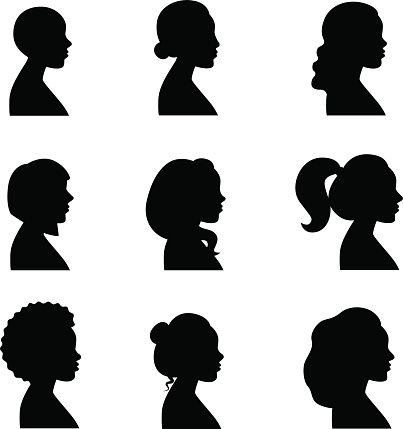 Women profiles silhouettes vector set. Black.