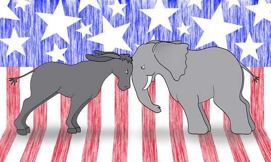An illustration of a United States donkey (Democratic party) and an elephant (Republican party) going head-to-head. Filling the background is a stars-and-stripes flag. 