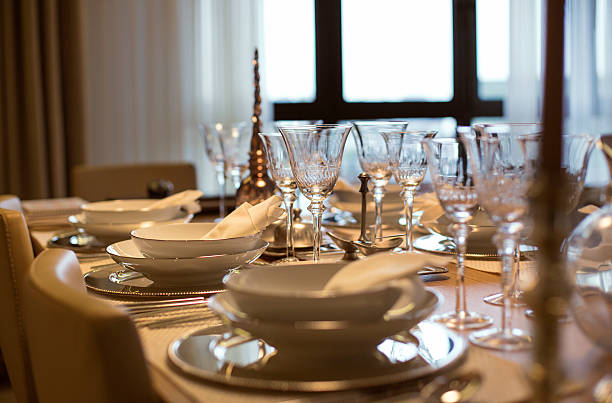 Dining Table A shot of table settings. restaurant place setting dinner dinner party stock pictures, royalty-free photos & images