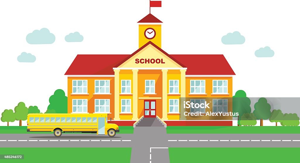 Panoramic background with school building and school bus in flat style Classical school building and school bus isolated on white background Schoolhouse stock vector