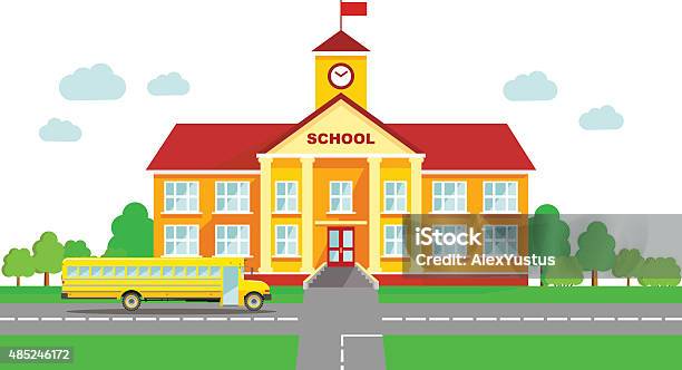 Panoramic Background With School Building And School Bus In Flat Style Stock Illustration - Download Image Now