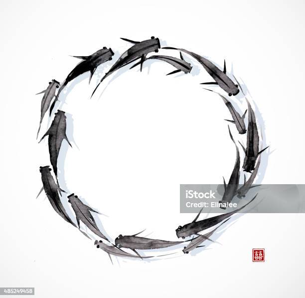 Circle Of Little Black Fishes Stock Illustration - Download Image Now - Sumi Circle, 2015, Abstract