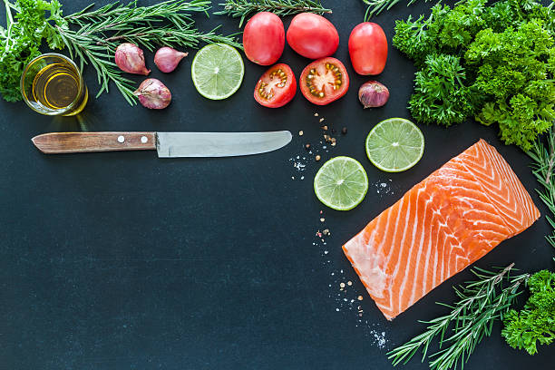istock Salmon fillet with garnish ready to cook 485249932
