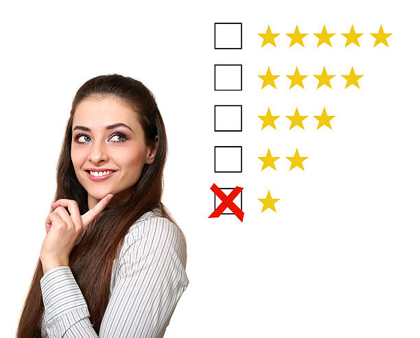istock Thinking woman choosing one star rating. Negative rating feedback 485252515
