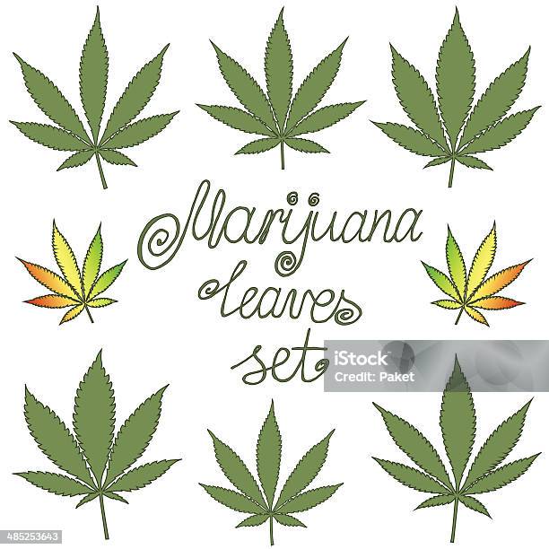 Ilustración de Conjunto De Hojas De Marihuana Natural y más Vectores Libres de Derechos de Adicción - Adicción, Amarillo - Color, Anticuado