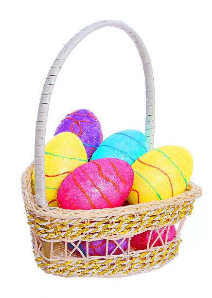 istock Easter Basket with Colorful Eggs isolated 485256223