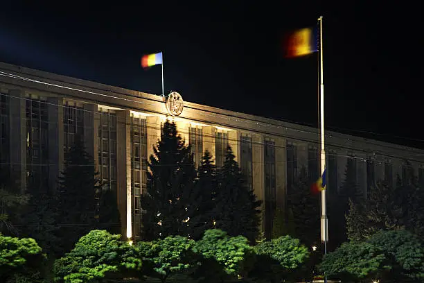 Kishinev (Chișinău). Moldovan government building at night. Moldova. Кишинев. Здание правительства Молдовы. Молдова