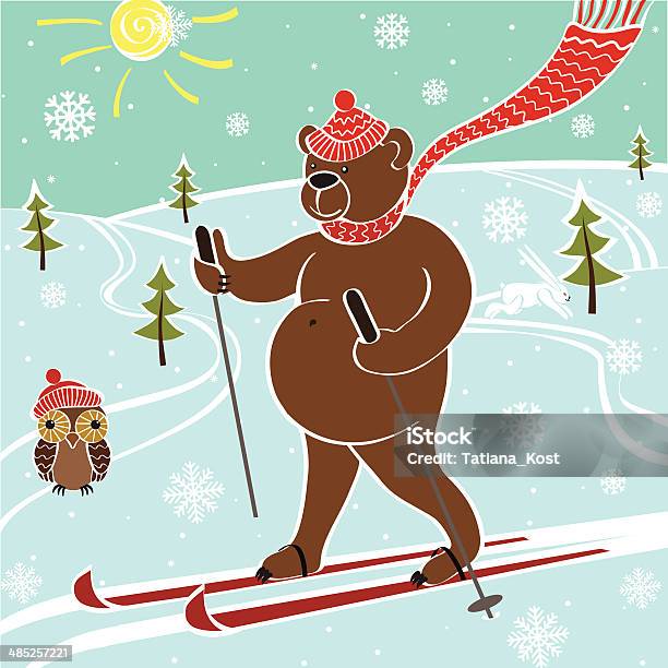 Brown Bear Skiing In Naturevector Humorous Illustration Stock Illustration - Download Image Now