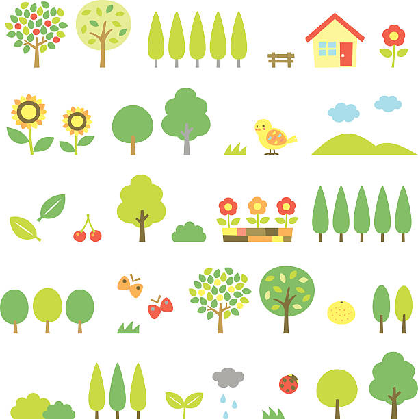 ilustraciones, imágenes clip art, dibujos animados e iconos de stock de conjunto de árboles - spring grass cloud butterfly