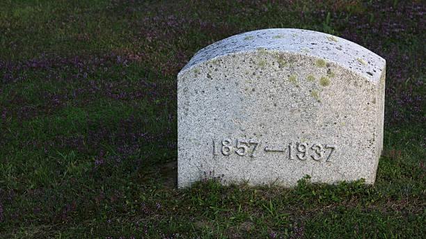 1857 - 1937 Tombstone A large gravestone with years 1857-1937 (80 years) in a graveyard. crypt stock pictures, royalty-free photos & images