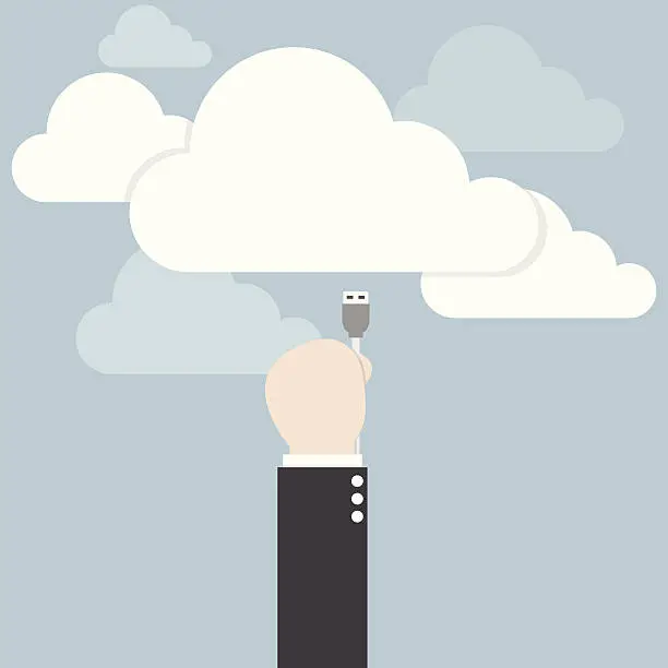 Vector illustration of Businessman hand connecting cable to the cloud, Cloud computing concept