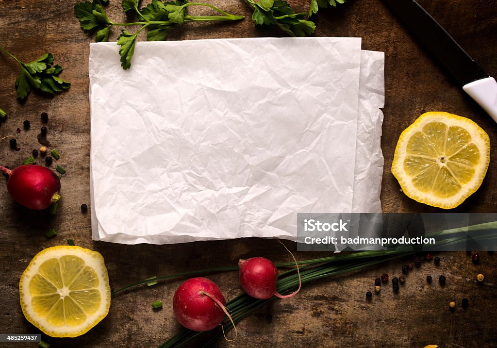 Food background Food background with blank paper in the middle Above Stock Photo