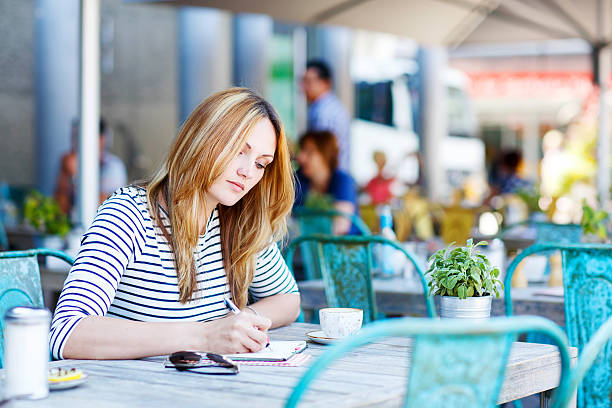 istock Woman drinking coffee and writing notes in cafe 485261730
