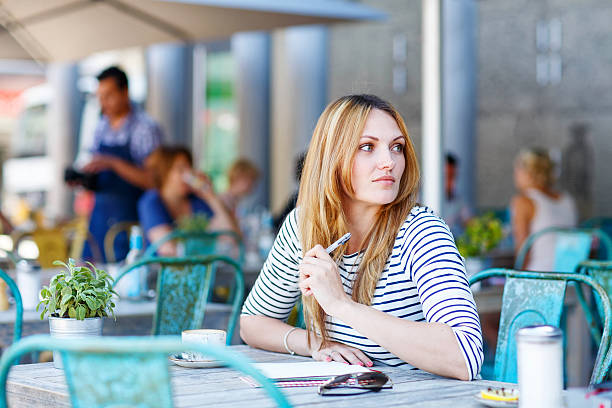 istock Woman drinking coffee and writing notes in cafe 485262386