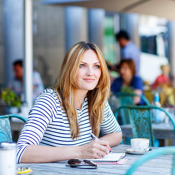 istock Woman drinking coffee and writing notes in cafe 485262402