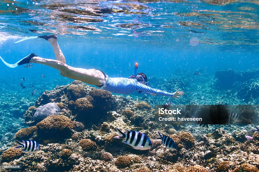 Woman with mask snorkeling Woman with mask snorkeling in clear water Seychelles Stock Photo