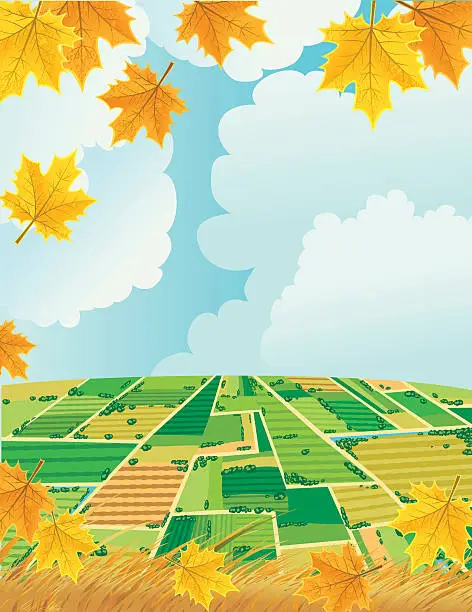 Vector illustration of Autumn agricultural background with farms in the distance