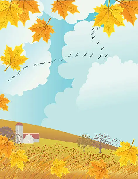 Vector illustration of Autumn agricultural background with farms in the distance
