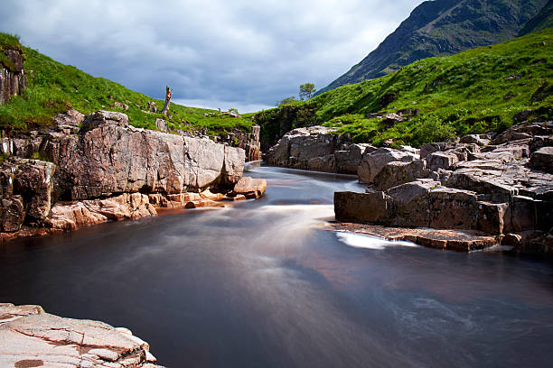 Glen Etive Scenic The River Etive flows down Glen Etive. A long exposure captures the water flowing through one spot where the river narrows. etive river photos stock pictures, royalty-free photos & images