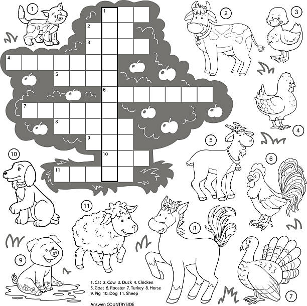 ilustrações, clipart, desenhos animados e ícones de vetor colorless jogo de palavras cruzadas, formação sobre os animais da fazenda - sheet