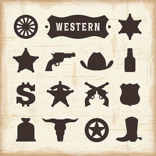 ilustraciones, imágenes clip art, dibujos animados e iconos de stock de conjunto de iconos vintage occidental - sheriff