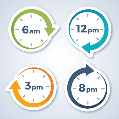 Clock arrow symbols showing 6 am, 12 pm noon, 3 pm and 8 pm. EPS 10 file. Transparency effects used on highlight elements.