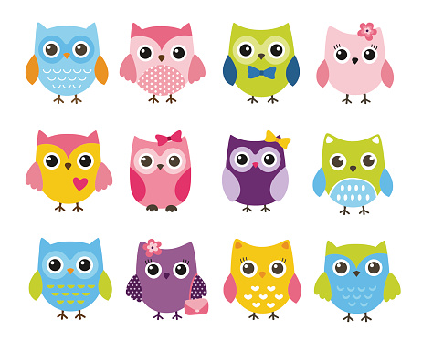 Cute vector set of colorful owls for boys and girls, brigh colors.