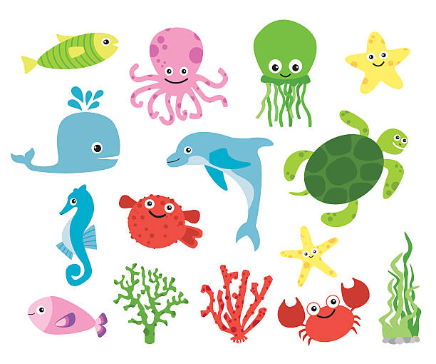 Cute vector sea creatures Cute vector sea creatures - dolphin, fish, starfish, coral, jellyfish, turtle. Brigh colors. sea life stock illustrations
