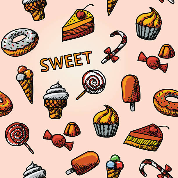 handdrawn bezszwowe wzór z-cupcakes, pączki, ciasta i lody kremy - seamless croissant pattern ice stock illustrations