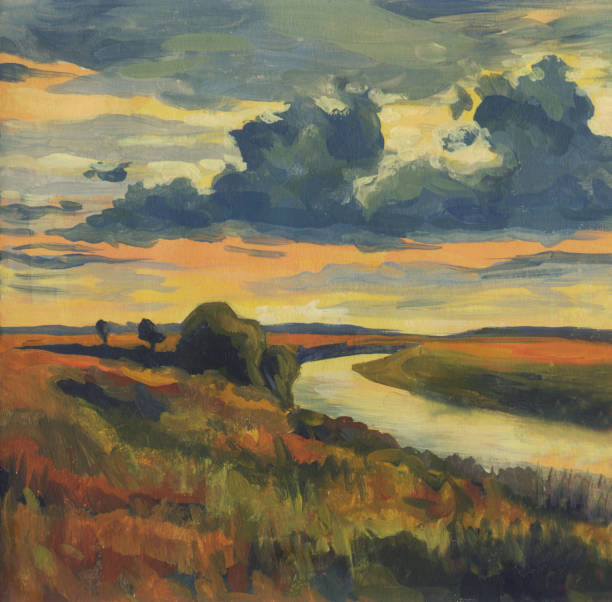 ölgemälde. abend-landschaft mit den bewölkten himmel und den fluss - oil painting stock-grafiken, -clipart, -cartoons und -symbole