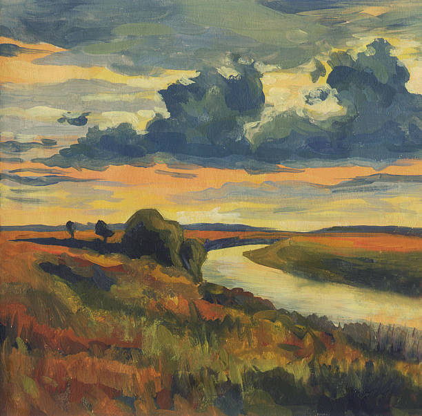 масляная живопись. вечерний пейзаж с облачное небо и видом на реку - horizon over land tree sunset hill stock illustrations