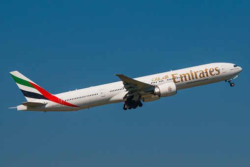 Prague, Czech Republic - June 6, 2015: Boeing 777-300ER Emirates take off from PRG Airport