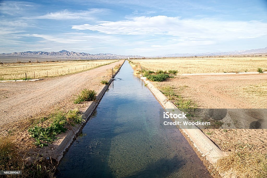 Irrigation Ditch with Flowing Water Water diverted from the Colorado Rover  flows through a concrete agricultural irrigation ditch in the California desert. California Stock Photo